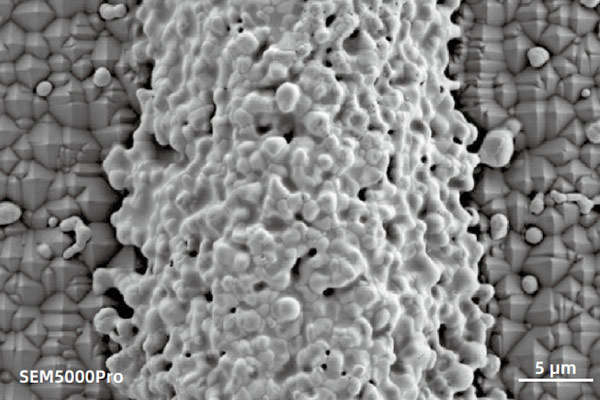 sem image analysis Surface metallization quality of photovoltaic silicon wafers  detected using a Chamber-mounted Everhart-Thornley Detector  (ETD) at 2 kV.